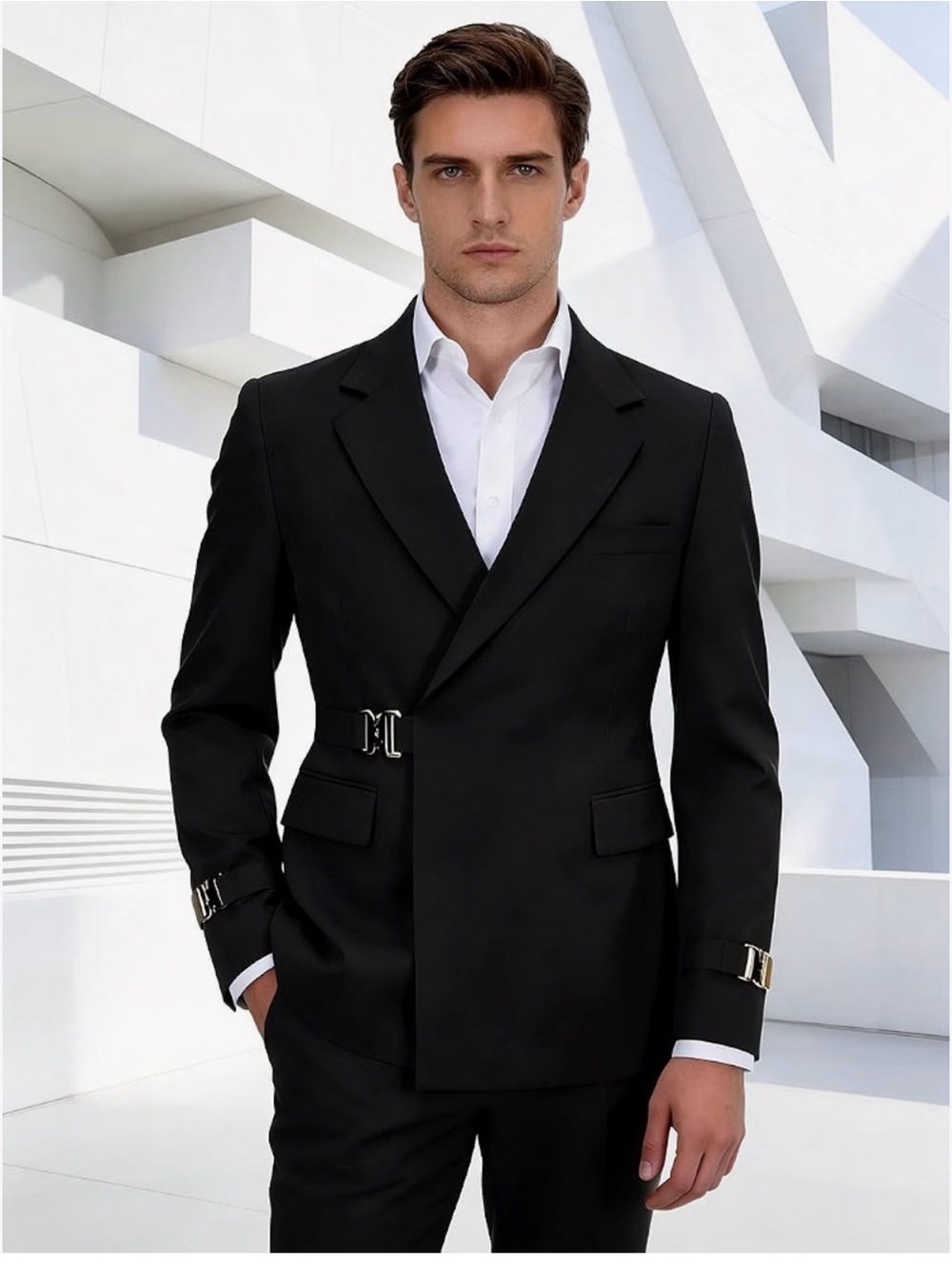 Men's Black Double-Breasted Buckle Blazer Size 40
